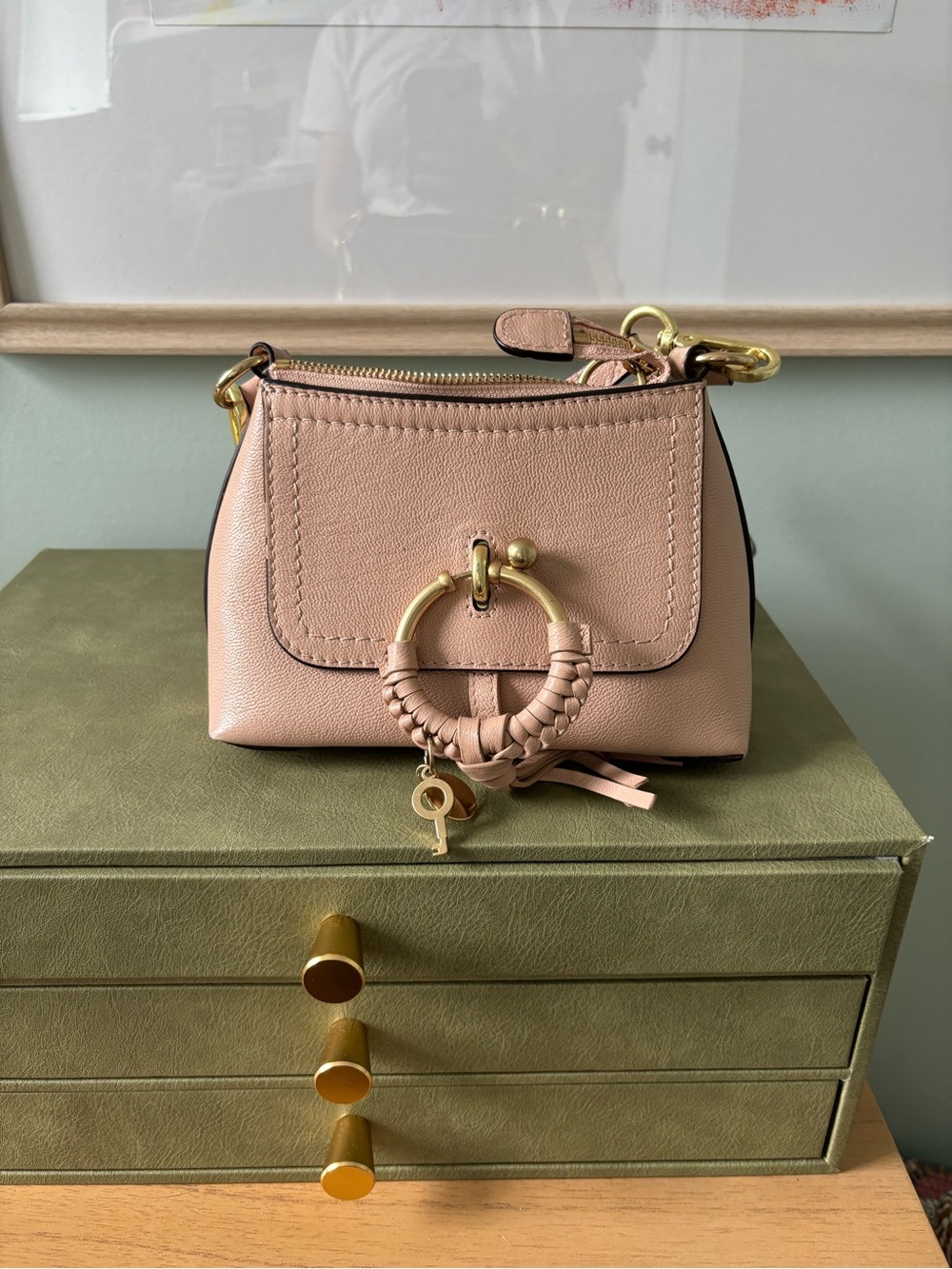 Mini JOAN bag. Women’s Small Pink Leather Ring-Detail Crossbody Bag